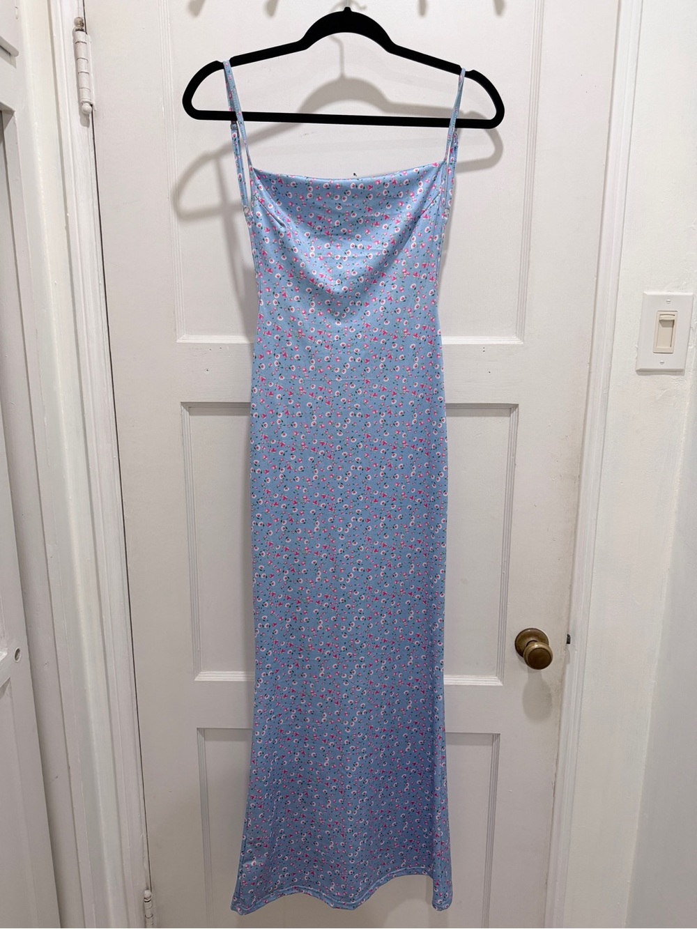 Light Blue Floral Backless Slip Dress with Spaghetti Straps size M